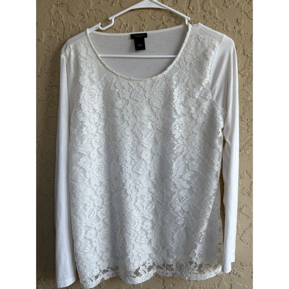 Ann Taylor Off White Sz Large Lace Front Long Sleeve Lightweight Woman’s Blouse